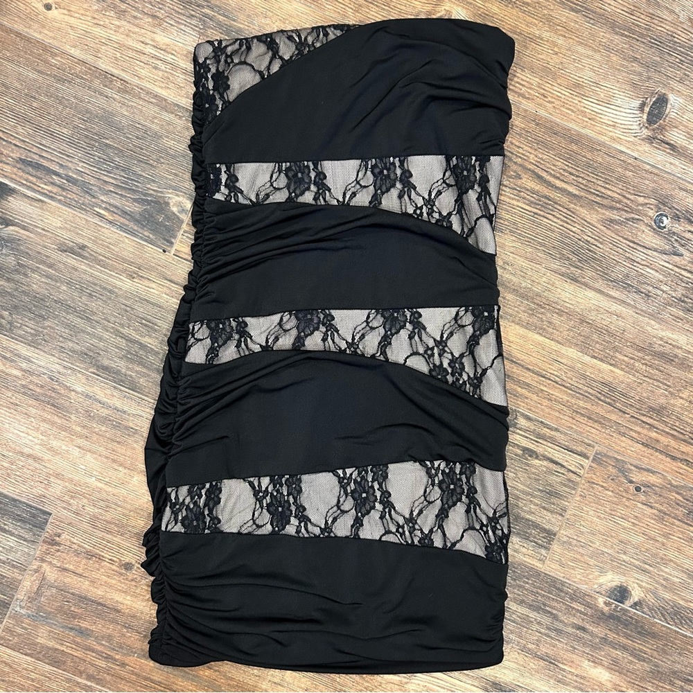 Vintage 90s Speechless Black Strapless Lace Panel Mini Dress Size Medium